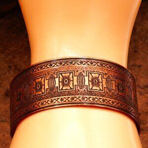 Old Vintage Copper Art Deco Floral Design Wide Cuff Bracelet Etched/Stamped 7"